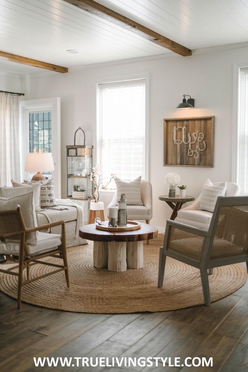 A cozy farmhouse living room with a round jute rug and wooden furniture.