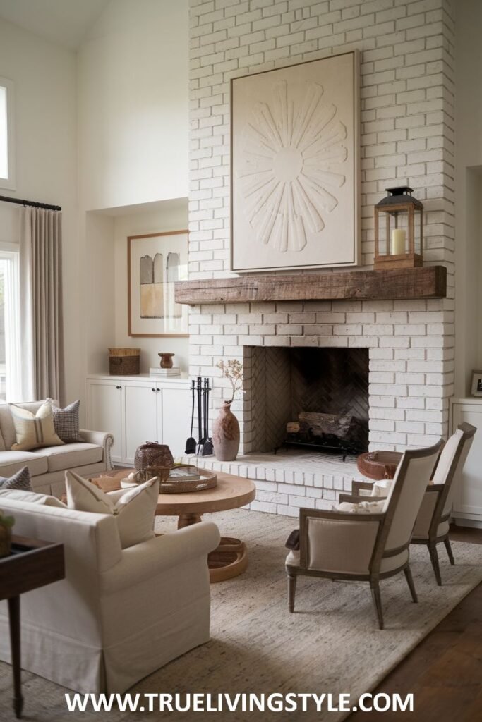 A charming farmhouse living room with a whitewashed fireplace and a rustic mantle.