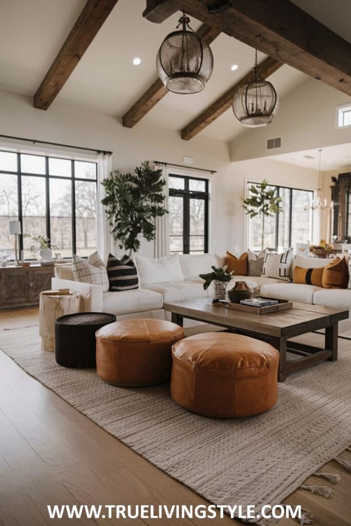 An inviting living area featuring leather ottomans and exposed beams.