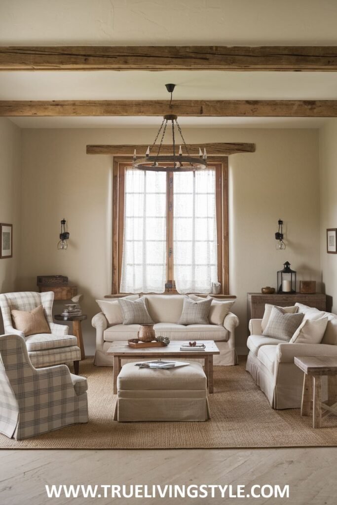 A traditionally styled living room featuring wooden beams, a chandelier, and neutral-colored furniture.