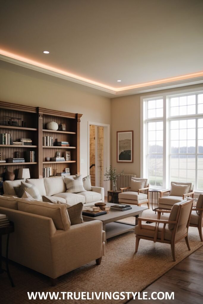 A living room featuring a large bookcase with neutral tones.