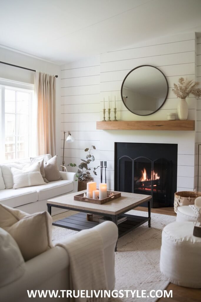 A cozy living room with a shiplap fireplace as a focal point.