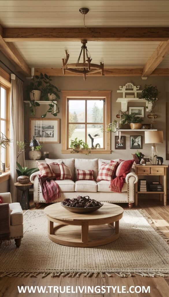 A living room accessorized with plants and wooden accents.