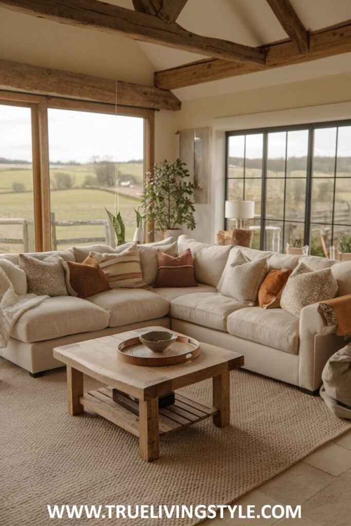 A spacious living room with a sectional sofa and rustic coffee table.