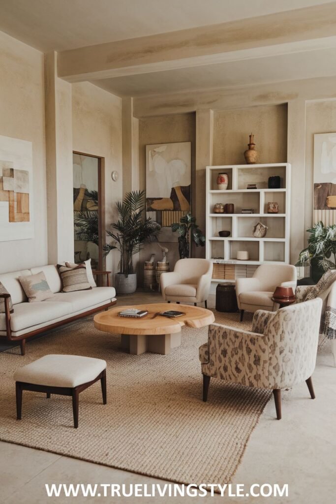 A living room featuring eclectic seating and natural textures.