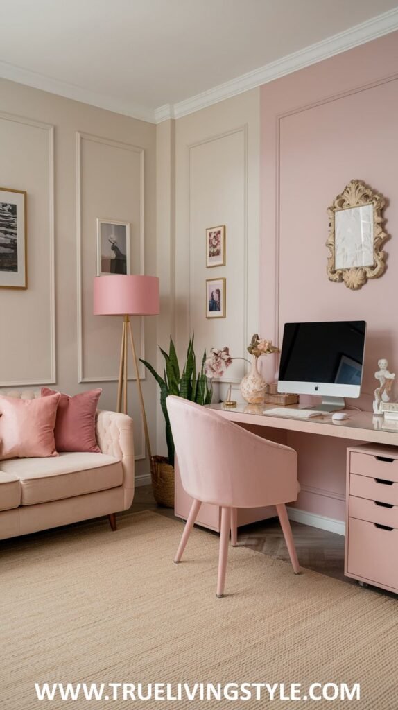 A clean and uncluttered space uses two-toned pink walls with minimalist decor, a comfortable sofa, and a simple desk setup.