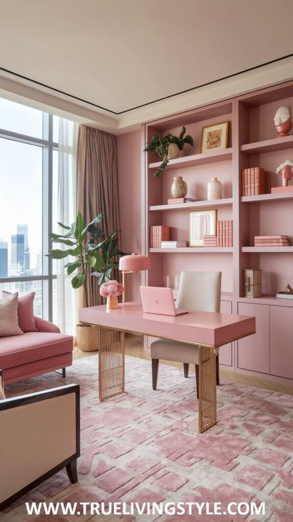 A sophisticated and inspiring workspace combines pink furniture with a city view, modern art, and sleek storage solutions.