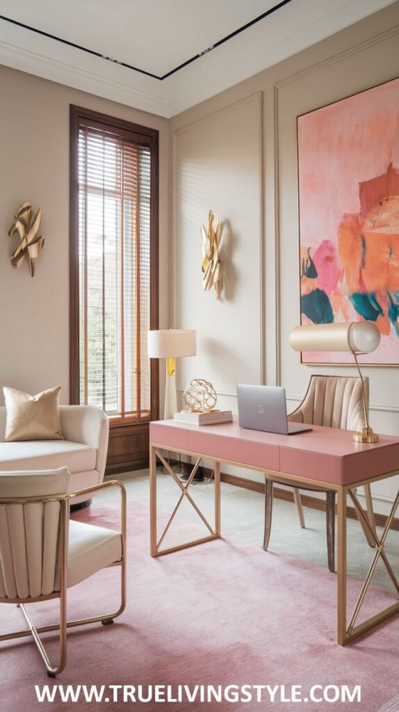 A modern and artistic office incorporates a pink desk with abstract art, comfortable seating, and gold accents.