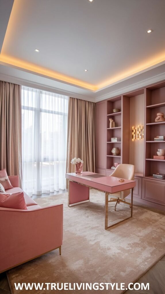 A pink home office features pink built-in shelves, a pink desk with gold accents, and a pink sofa.