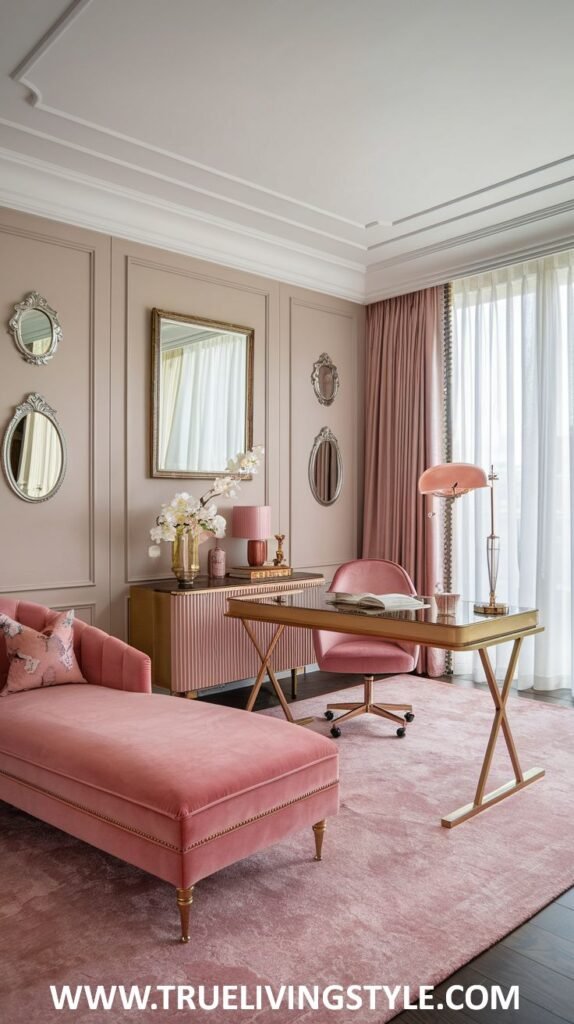 A luxurious pink home office includes a pink chaise lounge, gold accents, and decorative mirrors.