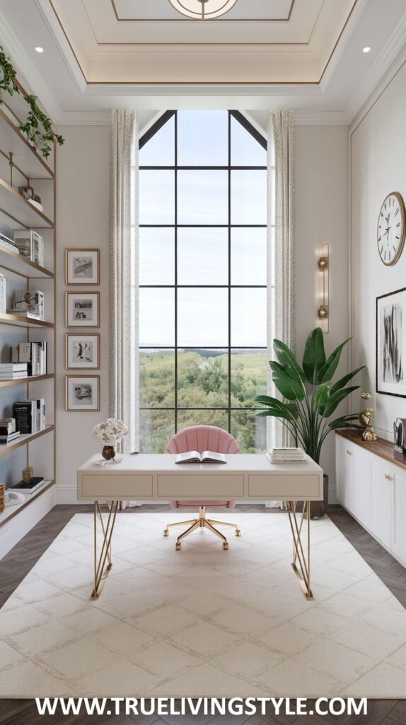 A bright home office is filled with natural light from a large window and includes floating shelves and greenery.