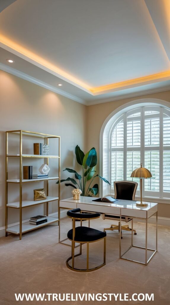 A bright and airy workspace features a white desk, gold shelving, and unique architectural details.