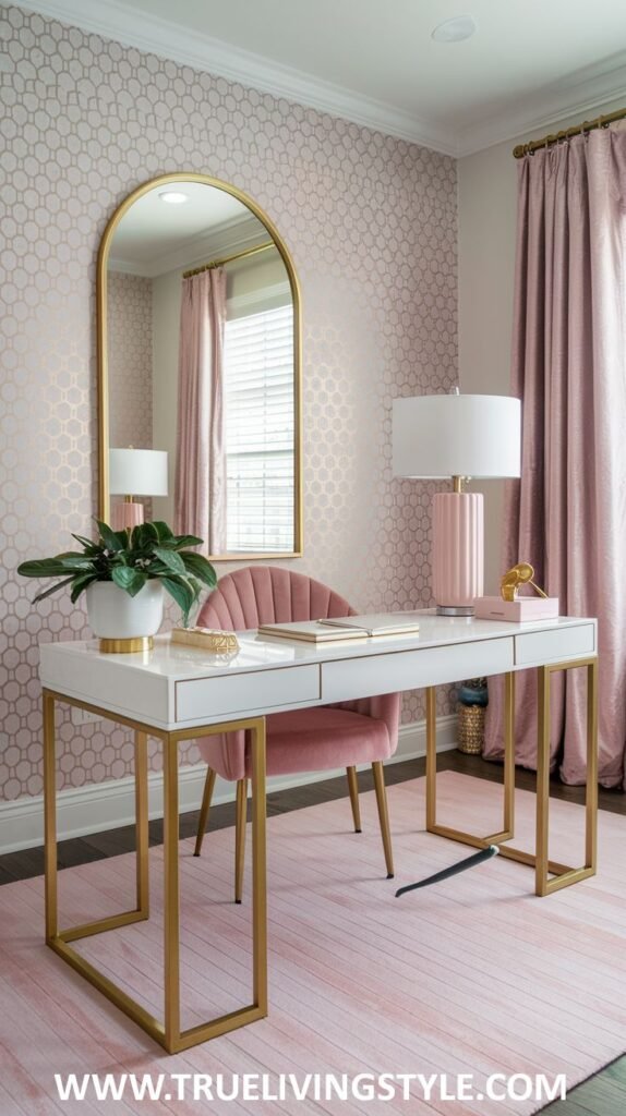 A feminine office space has pink accents against a geometric wallpaper, paired with a white desk featuring gold legs and a matching mirror.