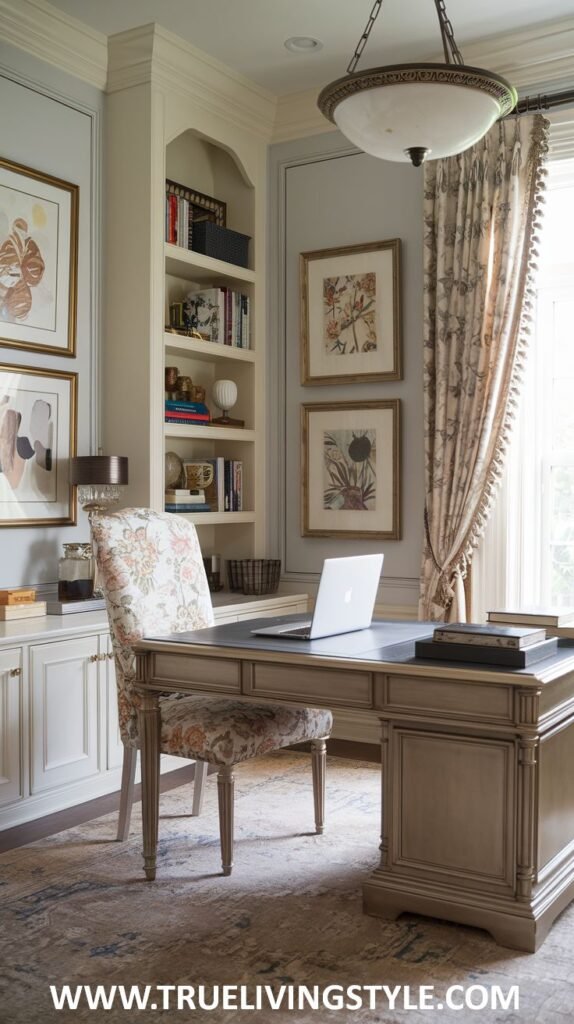 A classic and elegant office combines a floral chair with a traditional desk, framed artwork, and built-in shelves.