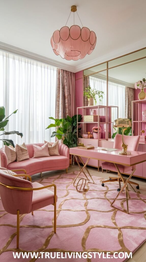 A bold statement is made in this office with a pink chandelier and matching pink furniture, complemented by plants and a patterned rug.