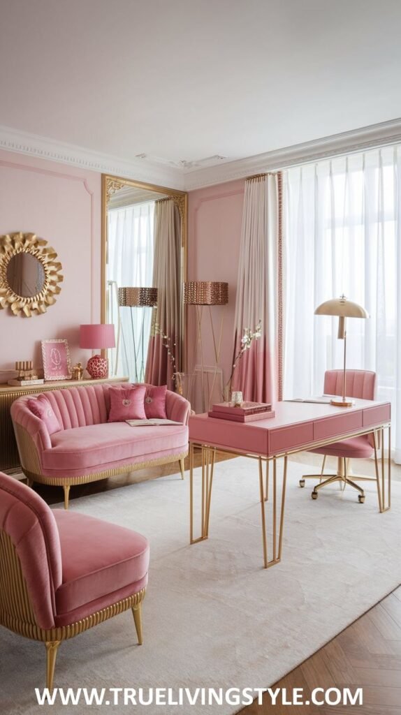 A glamorous office combines pink velvet furniture with gold accents and a large mirror.