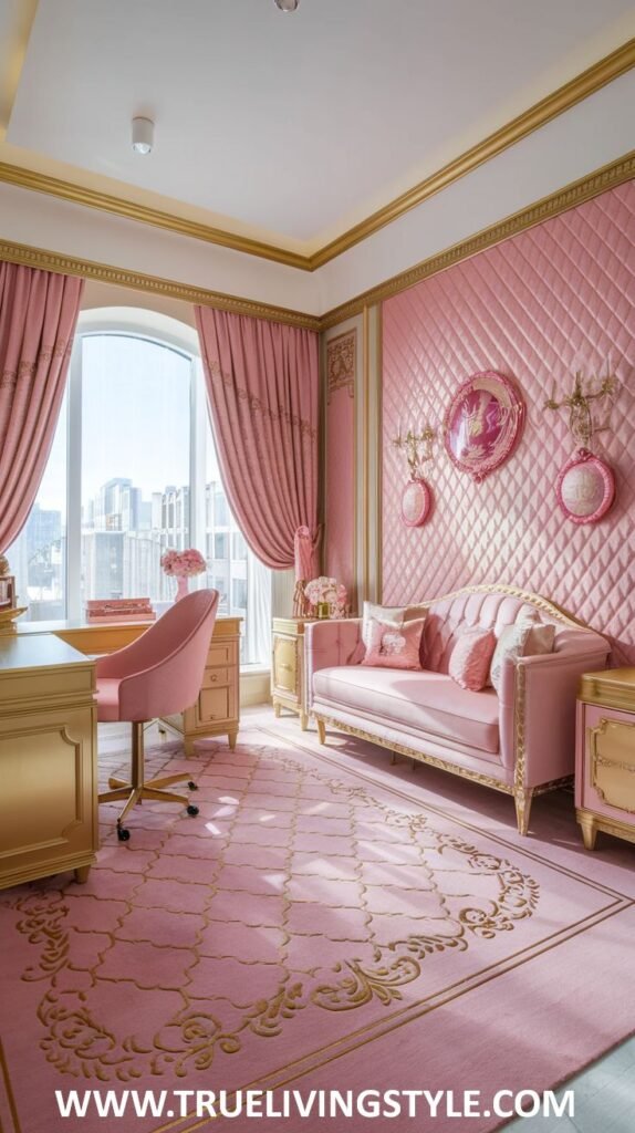 A luxurious space features a pink quilted wall, gold trim, pink furniture, and a patterned rug.