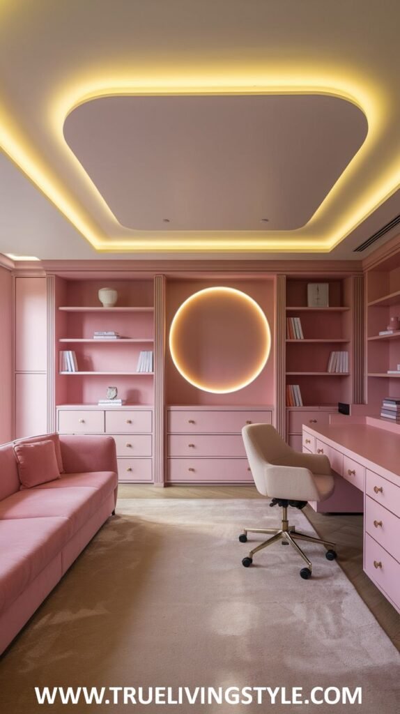 A modern and soft home office includes pink built-in storage, unique round lighting, and a comfortable sofa.