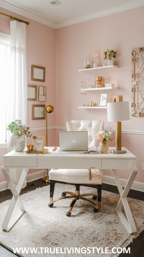 An open and airy office features a white X-frame desk and a neutral color scheme with metallic accents.