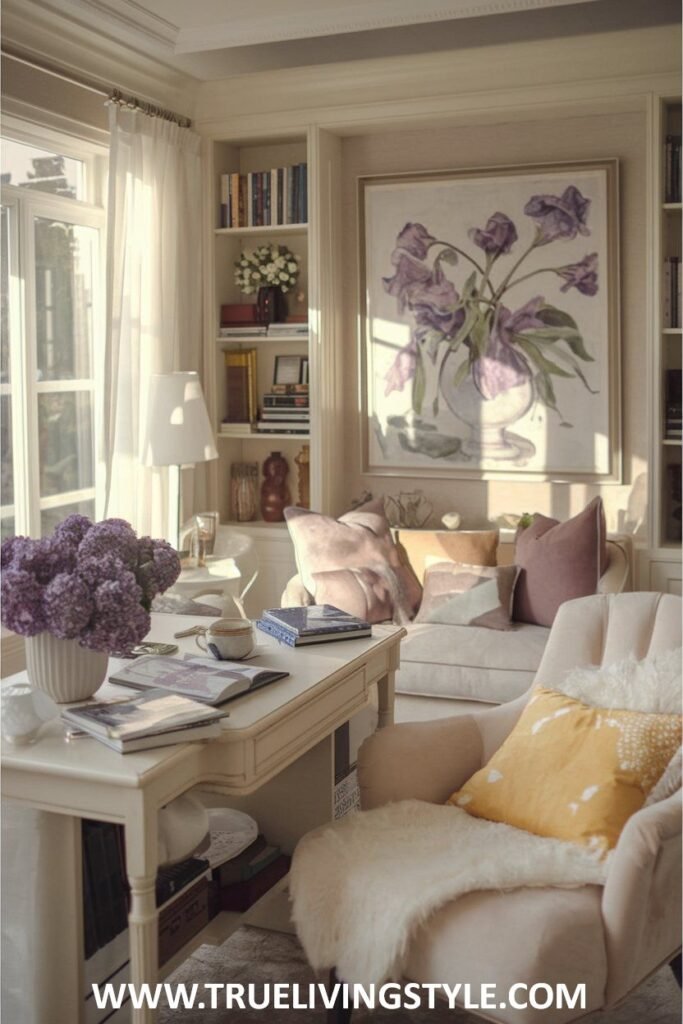 A calming space is designed with natural light, floral artwork, comfortable seating, and soft textiles.