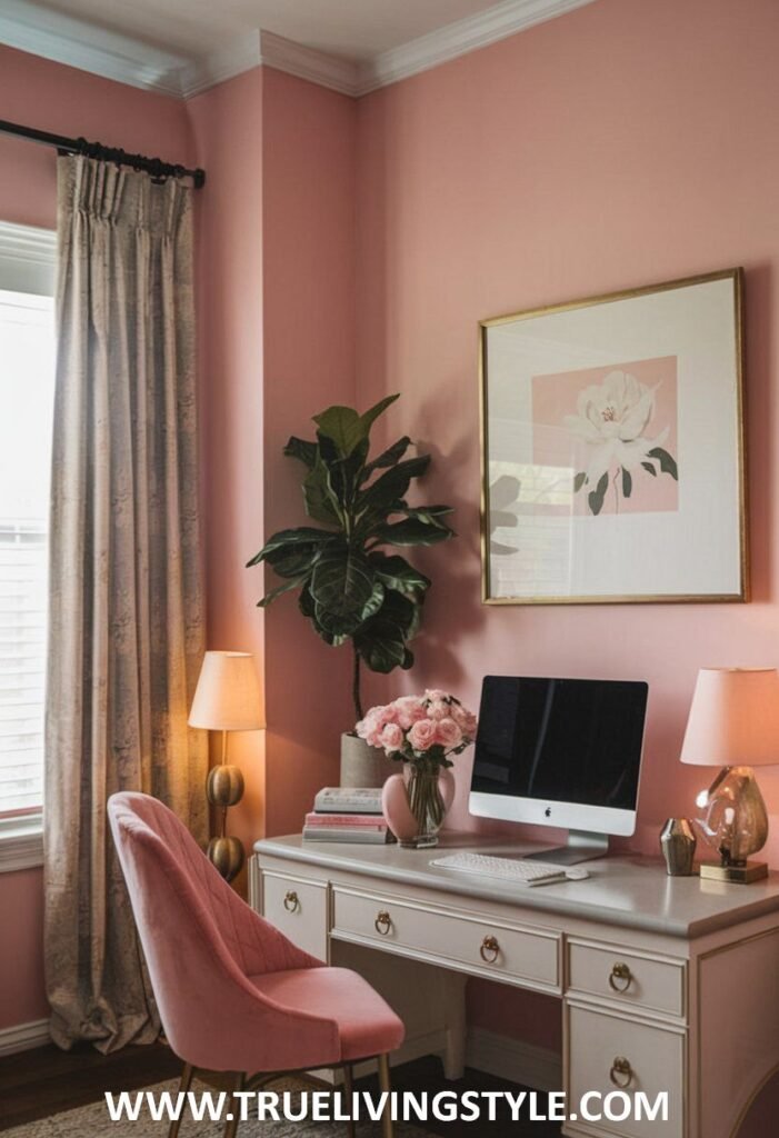 A charming office combines pink walls with a vintage-style desk, floral arrangements, and soft lighting.