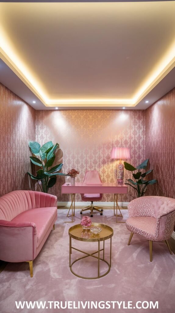 A vibrant and feminine office pairs pink wallpaper with lush greenery, comfortable seating, and gold accents.