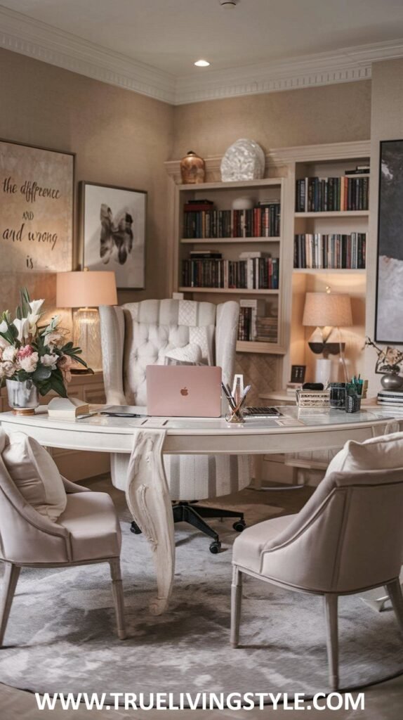 A collaborative and soft environment features a neutral color palette, a round table desk, bookshelves, and artistic prints.