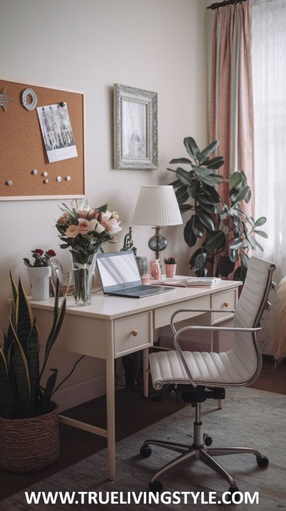 A fresh and clean workspace features a simple white desk with greenery, a corkboard, and maximized natural light.