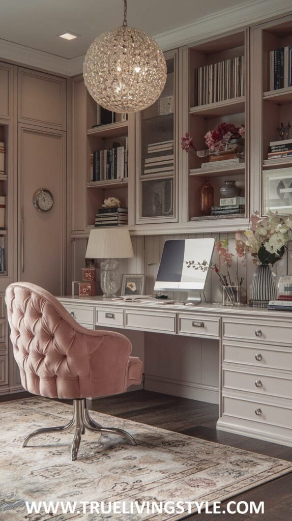 A cozy and organized space includes a tufted pink chair, built-in shelves, decorative items, and soft lighting.