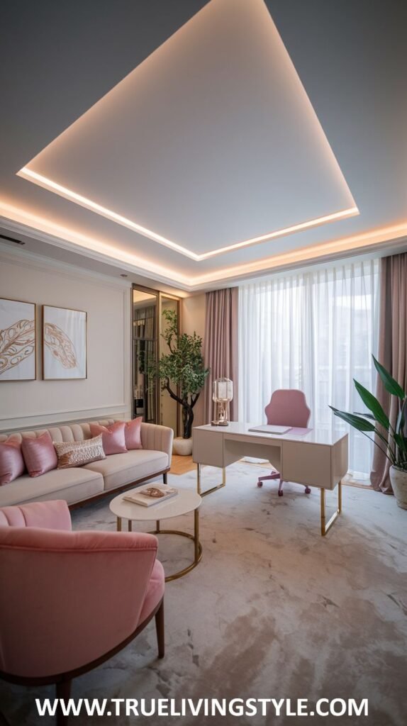 An elegant office features a pink sofa, modern lighting fixtures, sheer curtains, and a simple desk.