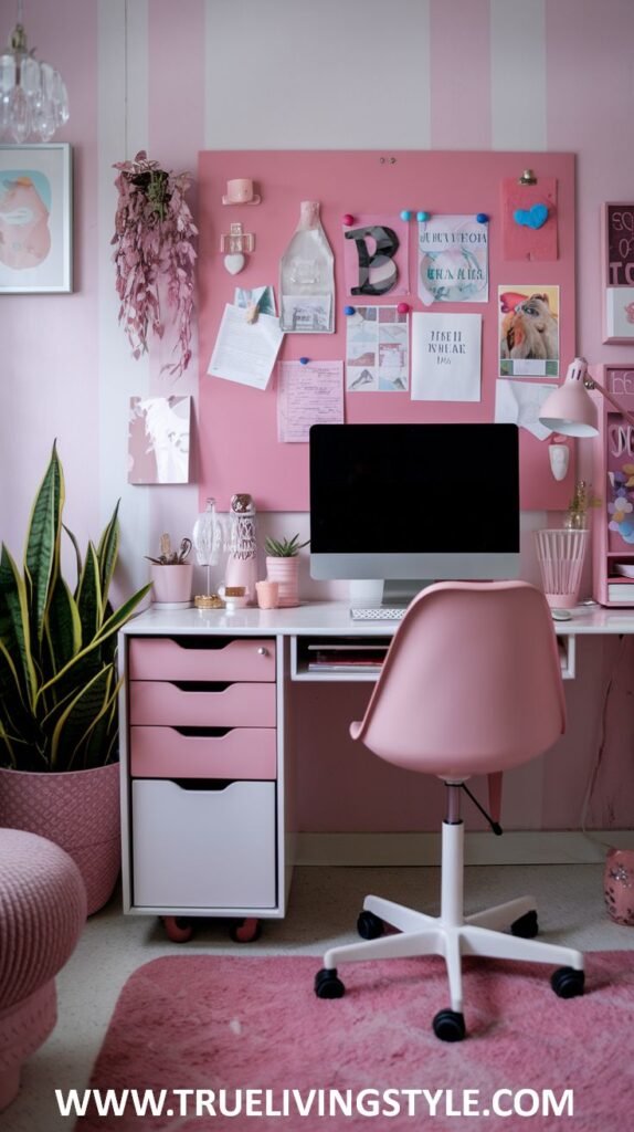 An organized and feminine office incorporates pink accents with a coordinating bulletin board, a white desk, and ample storage.