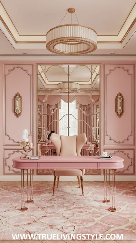 An elegant space features a pink oval desk, an ornate mirror, detailed wall decorations, and a unique chandelier.