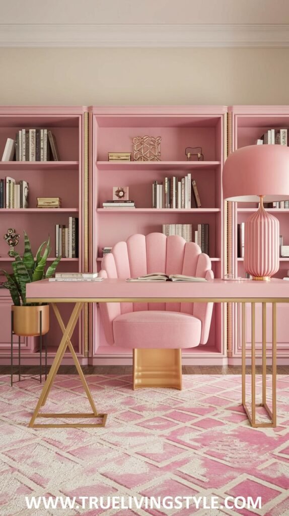 A modern and stylish office combines pink bookshelves with a geometric rug, a matching chair, and a statement lamp.