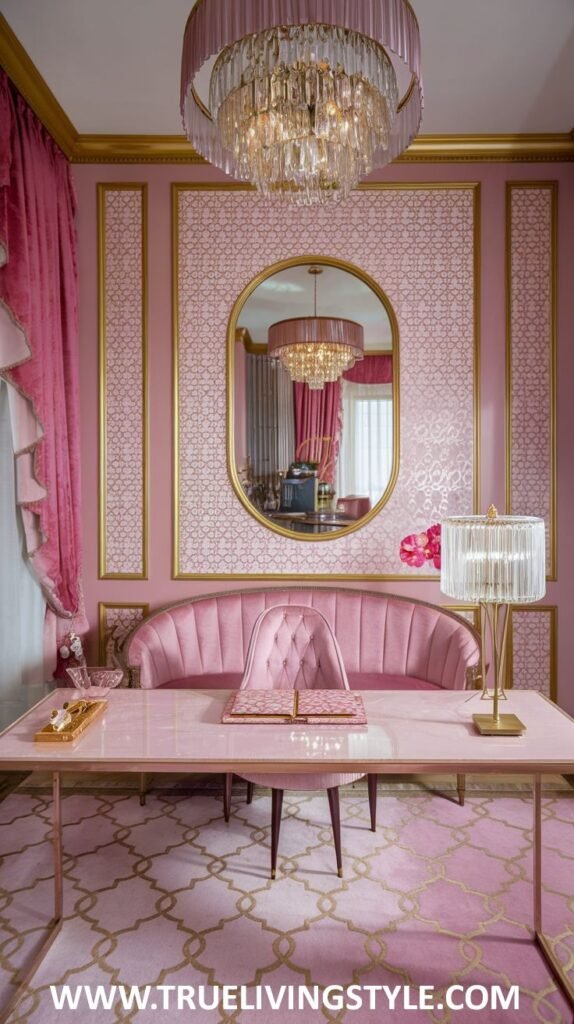 A luxurious and inviting office incorporates a pink loveseat with a crystal chandelier, a glass-top desk, and soft textures.