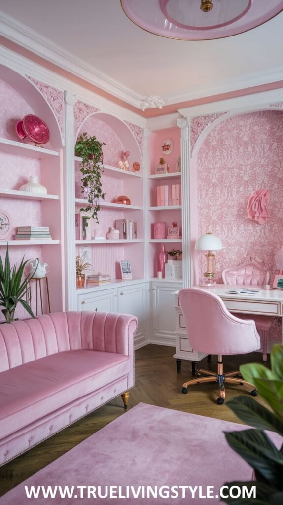 A cozy and stylish office includes a pink settee with surrounding bookshelves, plants, and soft lighting.