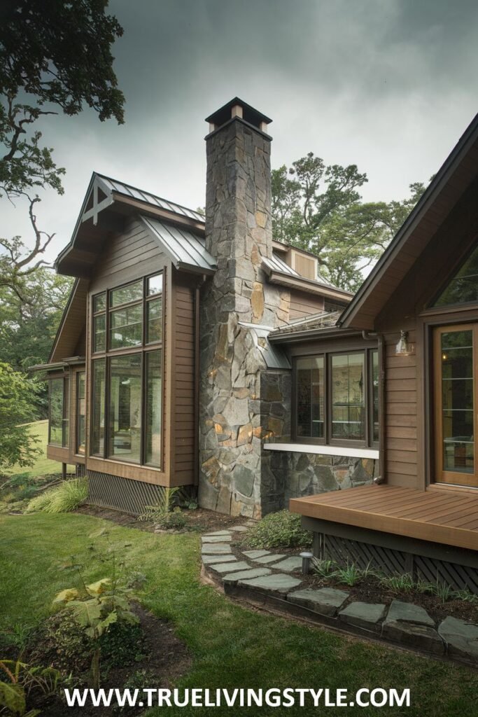 Exterior view of a rustic yet modern wooden house with a stone chimney and large windows, nestled in a grassy area with trees.