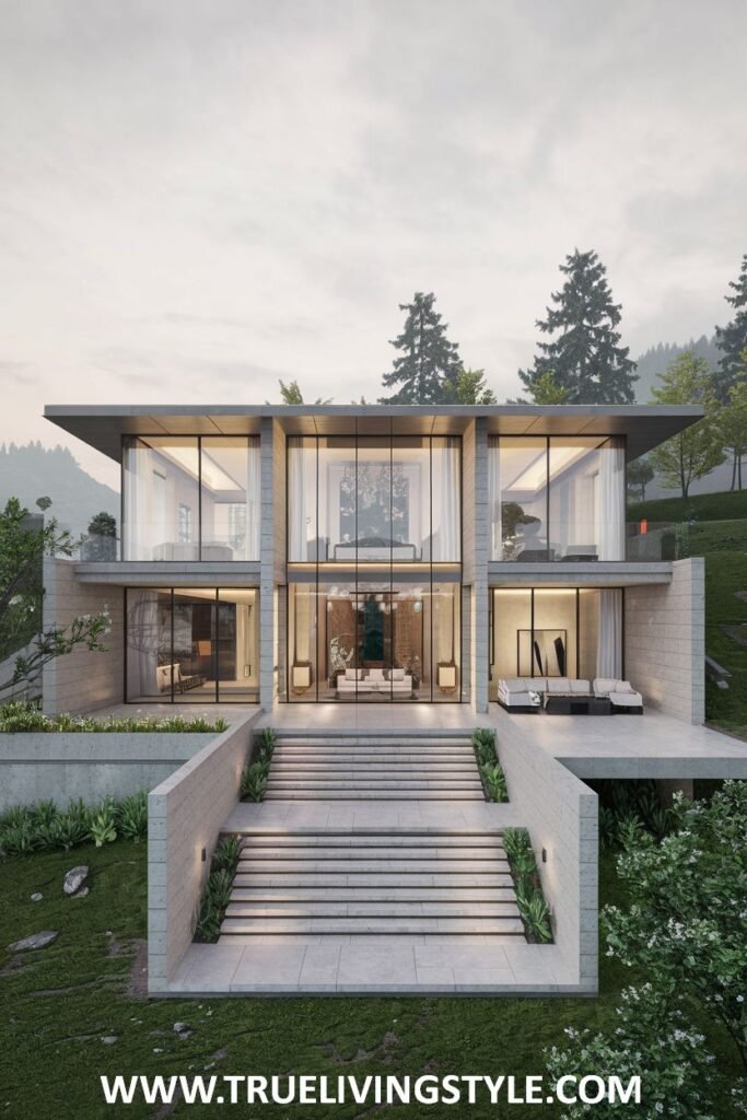 Modern exterior view of a multi-story concrete house built into a hillside, featuring extensive glass windows and outdoor living spaces.