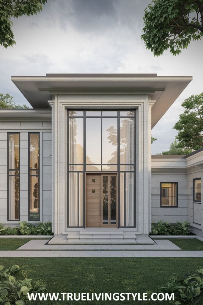Modern exterior close-up of the entrance of a light-colored house with a large front window and minimalist design.