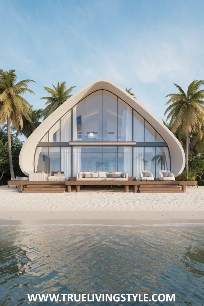 Modern exterior of a unique, curved house with large windows facing a beach and ocean, surrounded by palm trees.