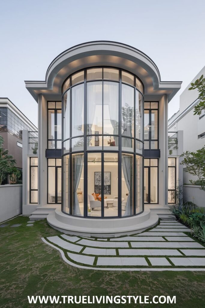 Modern exterior view of a multi-story house with a curved glass facade and white exterior, surrounded by a lawn and greenery.