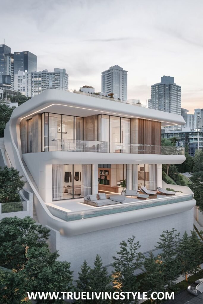 Modern exterior of a stylish house built on a slope, with multiple balconies, a pool, and views of a cityscape in the distance.