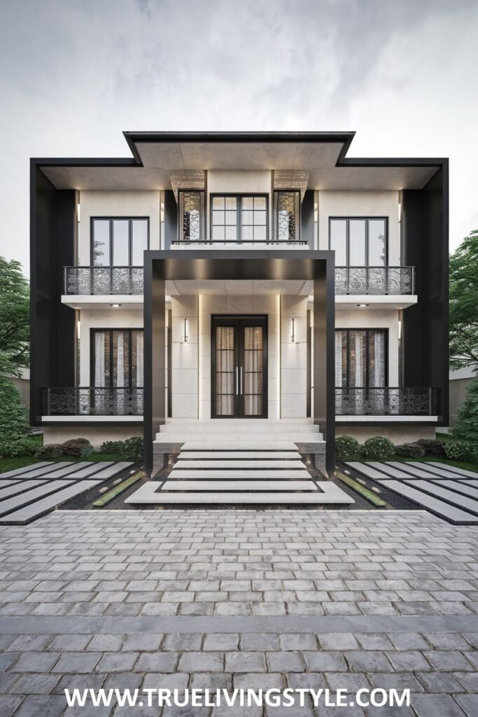 Modern exterior view of a symmetrical two-story house with contrasting dark and light elements, featuring a welcoming entrance.