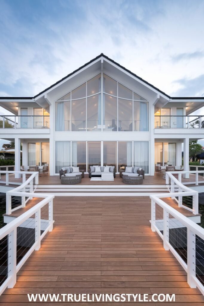Modern exterior of a grand white house with a high gabled roof and large windows overlooking a deck or pier and water.