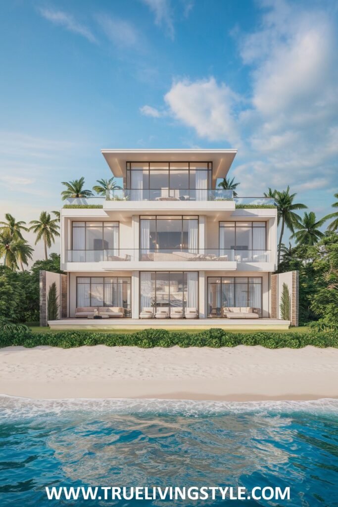 Modern exterior view of a three-story white house with many windows and balconies, situated directly on a sandy beach with the ocean in front.
