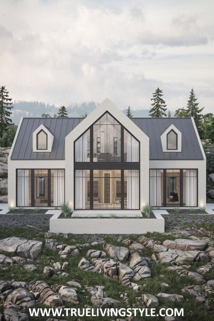 Modern exterior of a striking house with a dark gabled roof and large windows, located in a rocky, natural landscape with trees.
