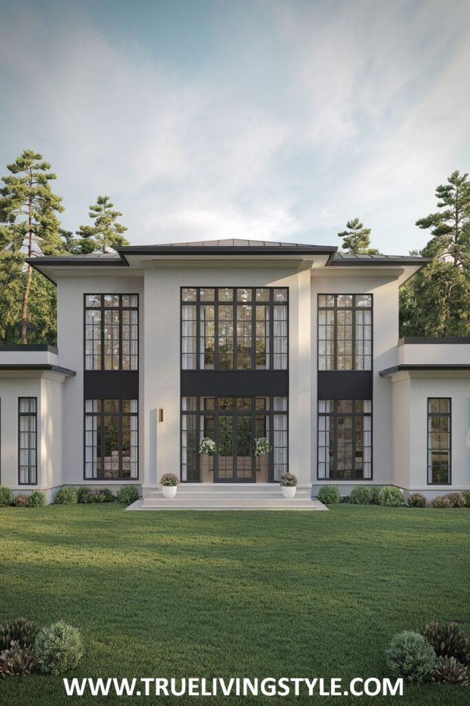 Modern exterior view of a large white house with symmetrically placed windows and a well-maintained front lawn and trees.