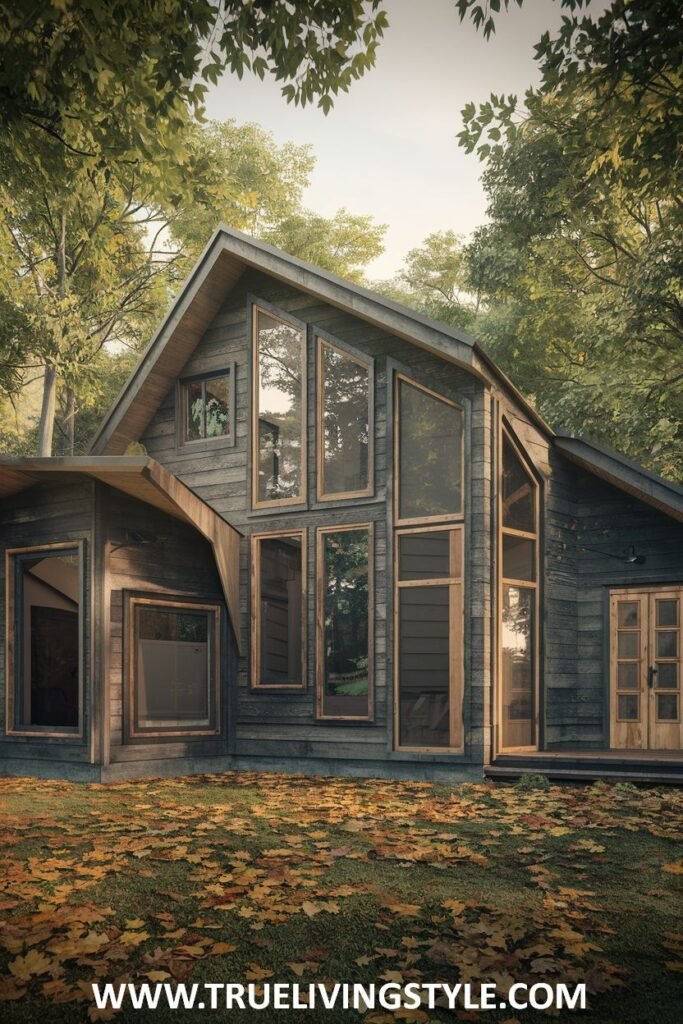 Exterior view of a dark, contemporary wooden house with large angled windows, situated among trees and fallen leaves, showcasing a modern design.