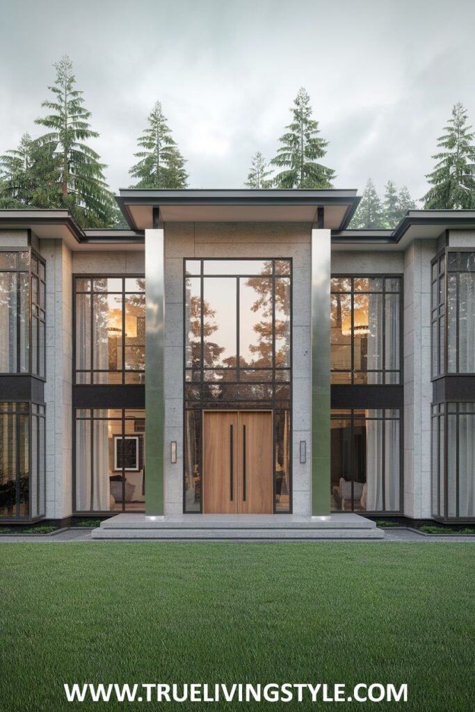 Modern exterior of an imposing house with a prominent entrance featuring tall pillars and a large wooden door, surrounded by a green lawn and trees.