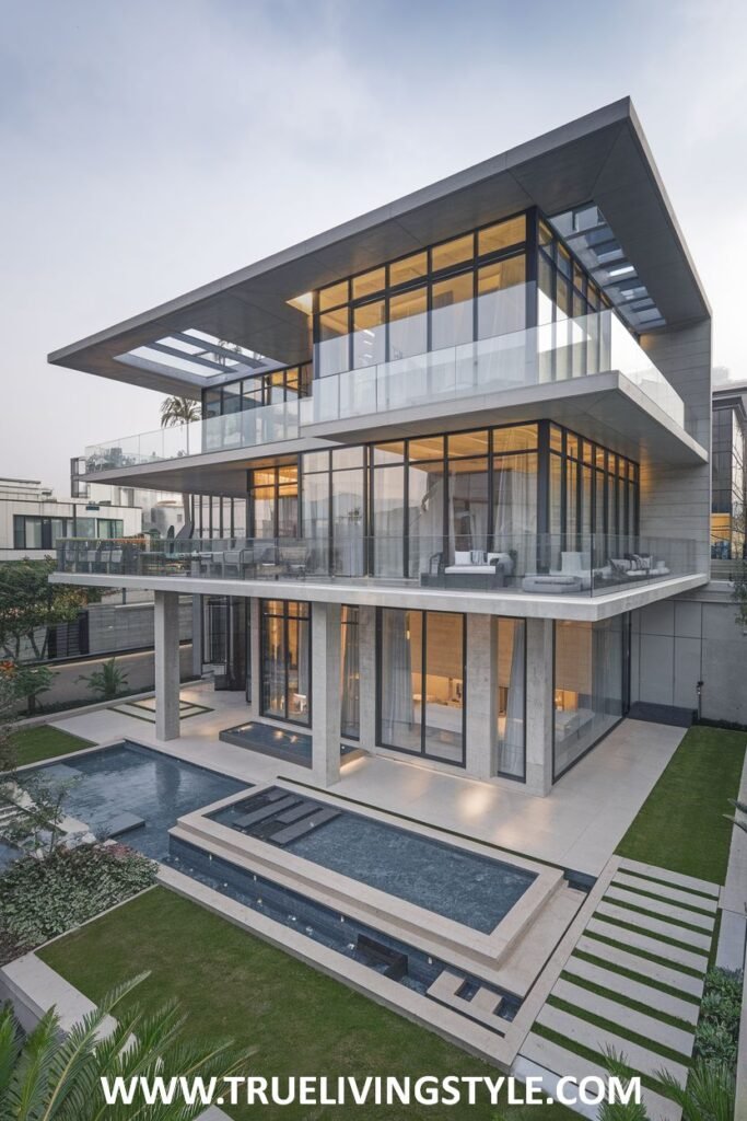 Modern exterior view of a contemporary house with multiple levels, extensive glass, and swimming pools, showcasing a sleek design.
