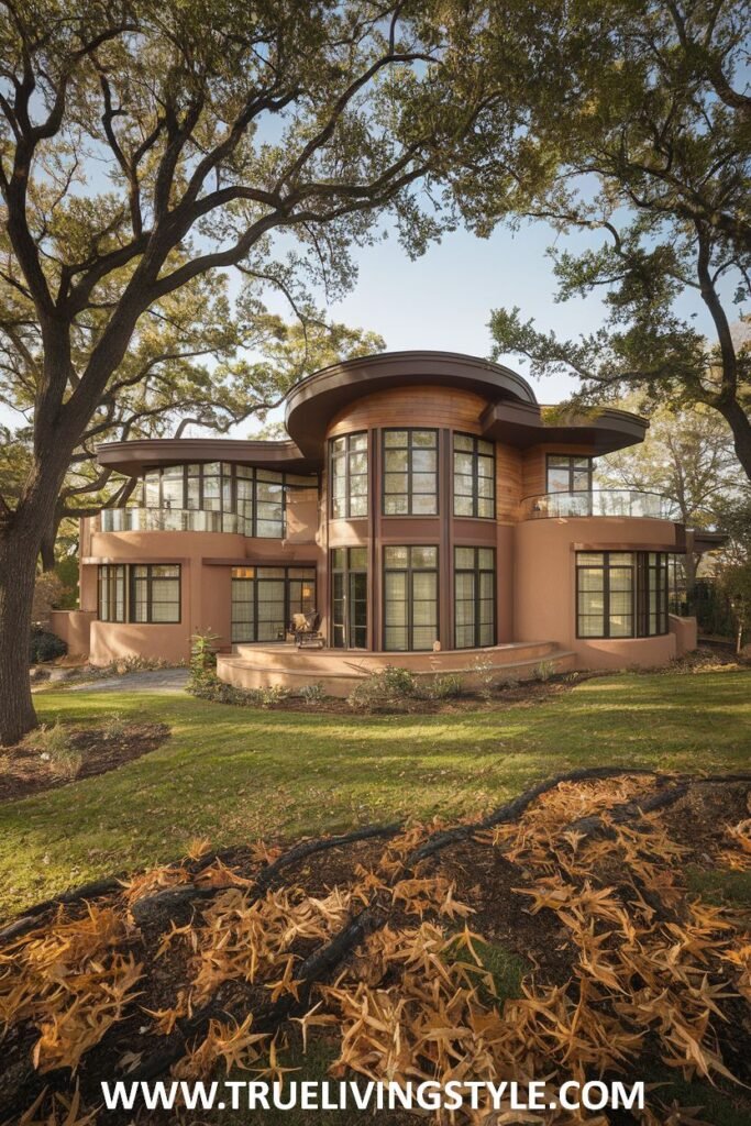 Exterior view of a uniquely designed house with curved elements and wood and stucco finishes, surrounded by large trees and fallen leaves, exhibiting modern architectural features.